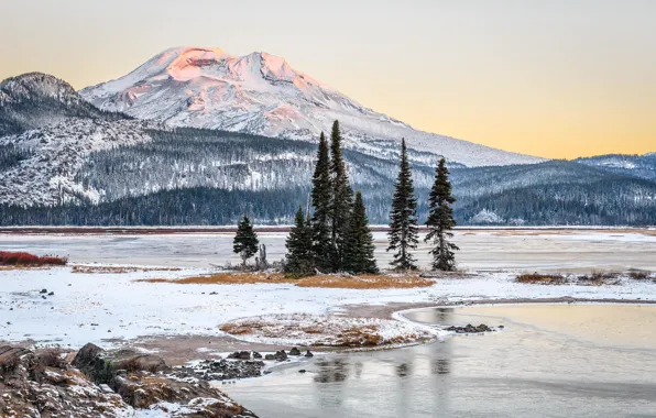 Картинка зима, снег, деревья, горы, природа, река, США