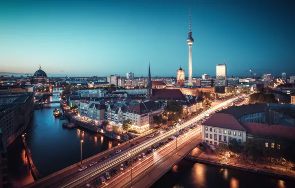 Картинка lights, twilight, river, bridge, Germany, night, dusk, traffic, Berlin, blue hour, cityscape, Fernsehturm, urban scene