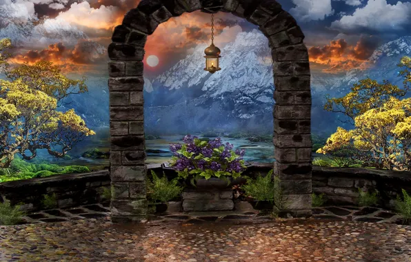 Картинка небо, облака, деревья, цветы, горы, арт, фонарь, арка, art