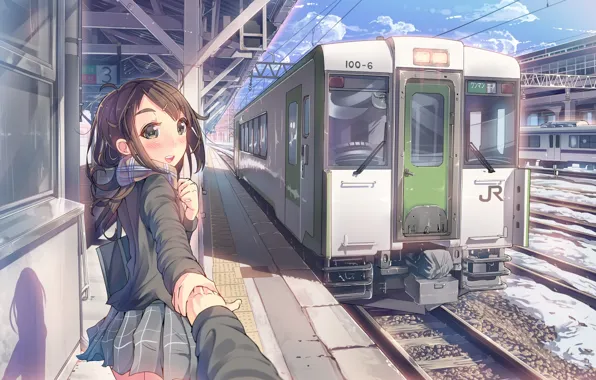 Картинка небо, девушка, облака, улыбка, поезд, рука, аниме, шарф, арт, вагон, форма, школьница, daito