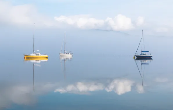 Картинка море, облака, озеро, отражение, лодка, яхта