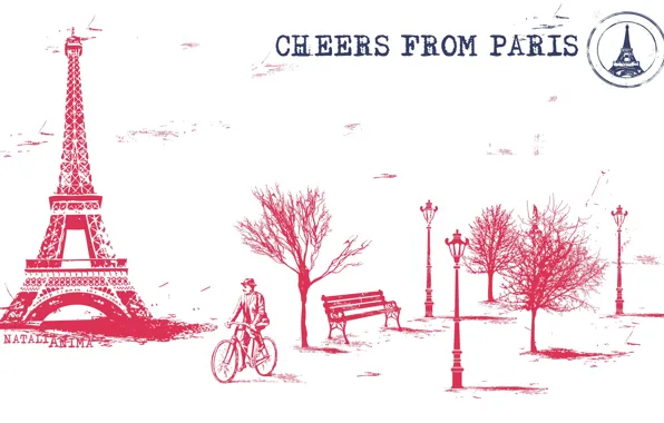 Картинка деревья, скамейка, велосипед, city, Франция, Париж, старик, Эйфелева башня, bicycle, trees, paris, france, bench, Eiffel …