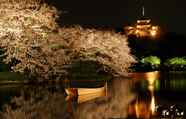 Картинка деревья, ночь, озеро, лодка, весна, сакура, подсветка, цветущие
