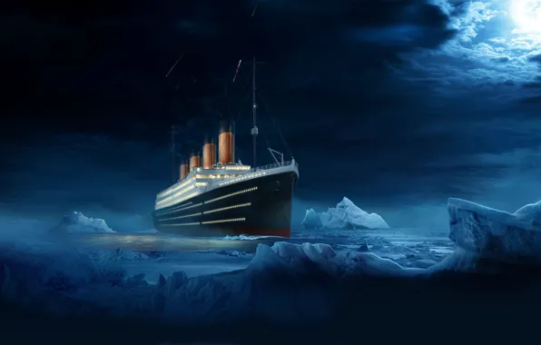 Картинка Вода, Облака, Ночь, Лайнер, Айсберг, Титаник, Судно, Конец, Titanic