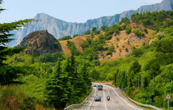 Картинка дорога, лес, деревья, горы, транспорт, шоссе, Крым