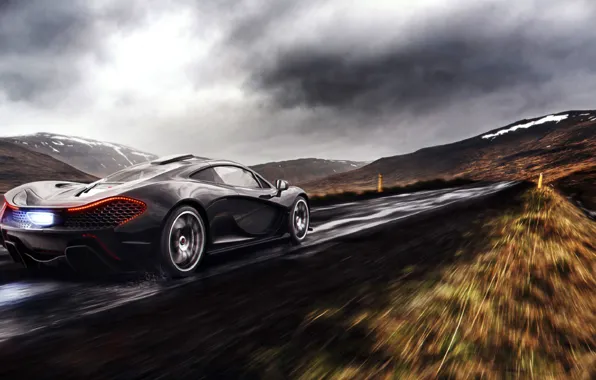 Картинка McLaren, Clouds, Fire, Black, Rain, Road, Supercar, Exhaust, Rear
