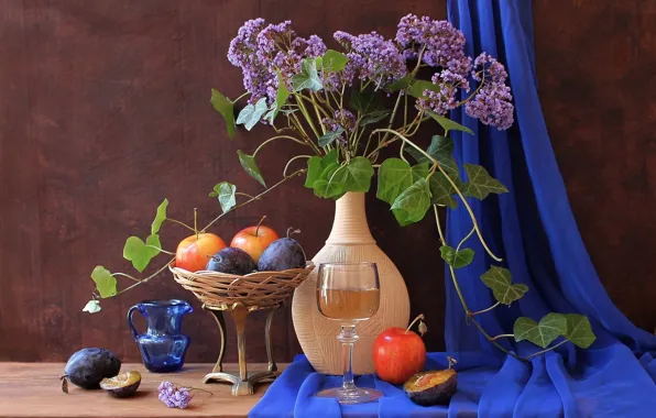 Картинка цветы, ваза, фрукты, натюрморт, сливы, кувшие