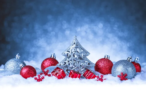 Картинка шарики, снег, фон, шары, Рождество, Новый год, мишура, ёлочка, елочка