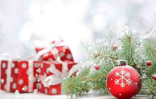Картинка красный, игрушки, елка, шар, ель, ветка, шарик, Новый Год, Рождество, подарки, ёлка, Christmas, снежинка, New …