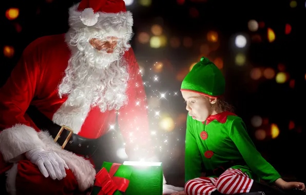 Картинка красный, зеленый, эмоции, праздник, подарок, волшебство, эльф, новый год, рождество, костюм, девочка, Санта Клаус, Дед …