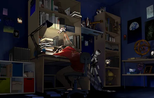 Картинка ночь, комната, книги, сон, аниме, арт, парень, телескоп, беспорядок, anime, art