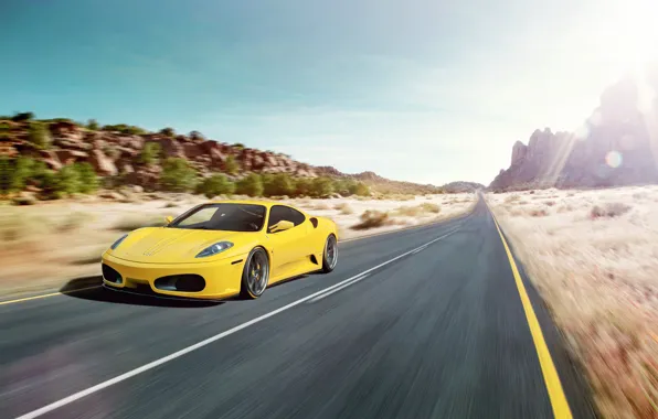 Картинка дорога, блики, скорость, F430, Ferrari, феррари, жёлтая, yellow