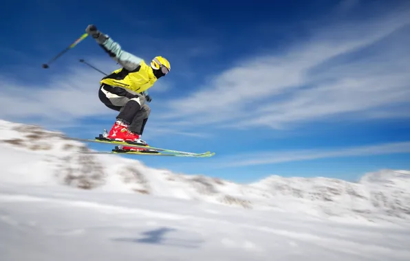 Картинка снег, полет, движение, спорт, экстрим, лыжник