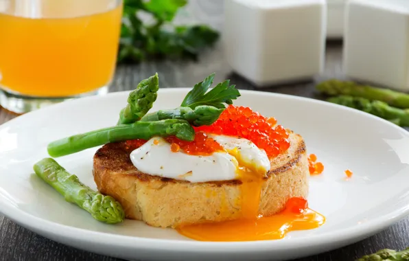 Картинка завтрак, Breakfast, Свежий тост с яйцом-пашот, Fresh toast with poached egg, икрой и спаржей, eggs …