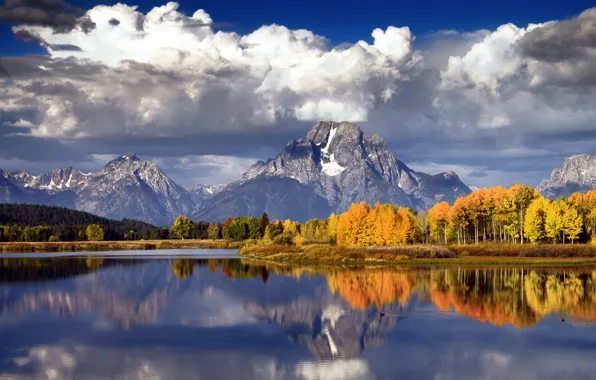 Картинка осень, лес, небо, облака, горы, тучи, озеро, река, гора