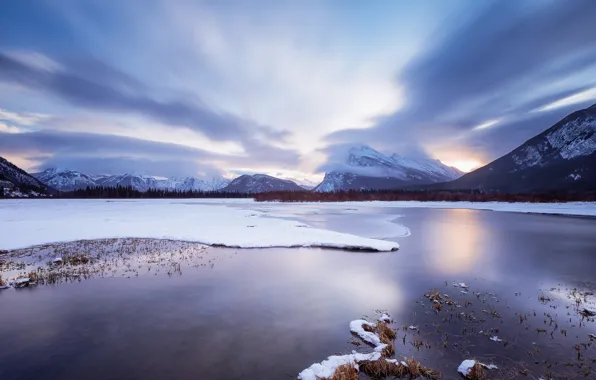 Картинка ice, sunset, cloud, mountain, lake, snow, vermilion