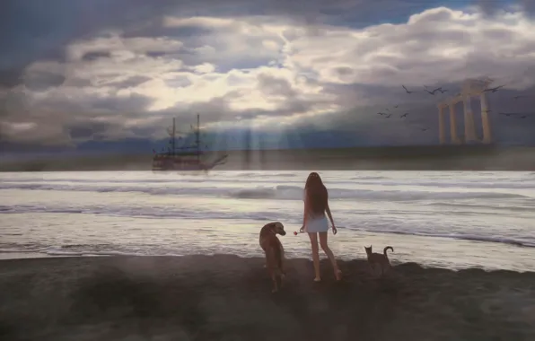 Картинка кошка, девушка, фантазия, берег, корабль, собака