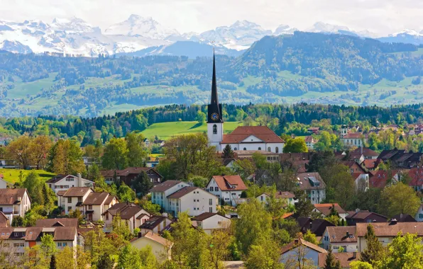Картинка деревья, горы, здания, дома, Швейцария, церковь, панорама, Switzerland, Gossau