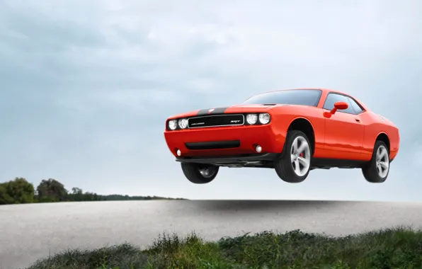 Картинка Авто, Машина, Скорость, Оранжевый, Dodge, SRT8, Challenger, в воздухе, Летит