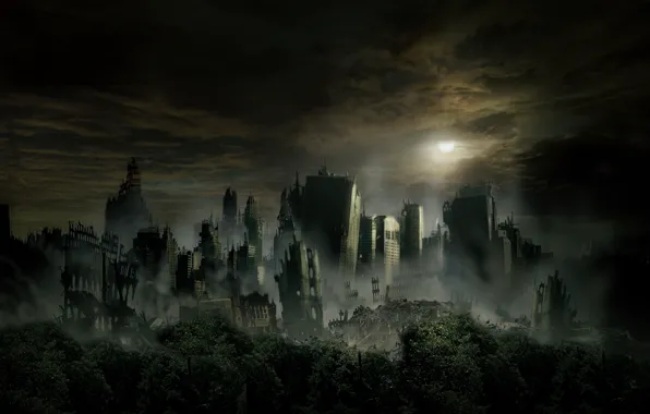 Картинка небоскребы, постапокалиптика, разрушенный город, темное небо