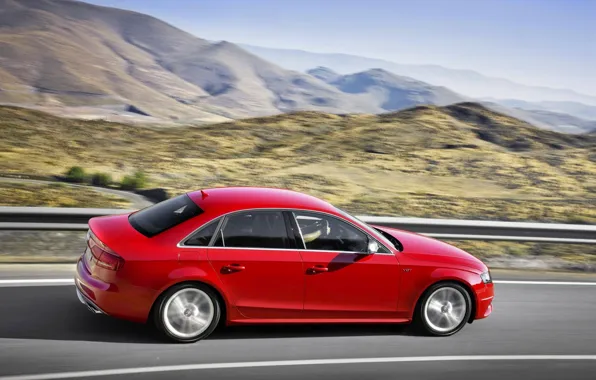 Картинка Audi, Красный, Авто, Дорога, Горы, Ауди, В Движении