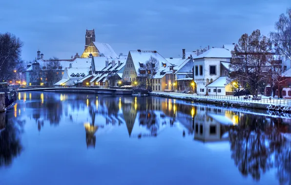 Картинка зима, вода, свет, снег, огни, отражение, здания, дома, вечер, Германия, Germany, Deutschland
