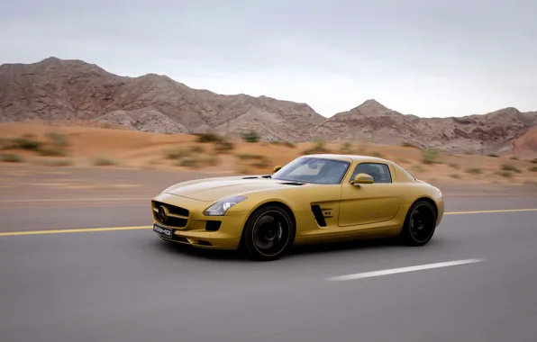 Картинка желтый, Mercedes-Benz, скорость, SLS AMG