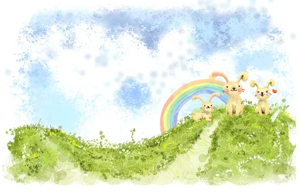 Картинка зелень, облака, рисунок, радуга, холм, зайцы, кавай, сердечко, зайчики