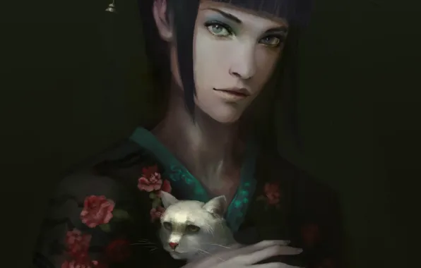 Картинка кошка, девушка, фон, рука, белая, кимоно, мрачно