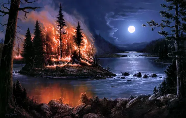 Картинка лес, деревья, ночь, река, пожар, огонь, луна, остров, арт, Jesse Barnes