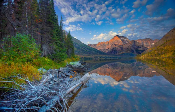 Картинка лес, небо, горы, озеро, камни, Монтана, США, Lake Josephine