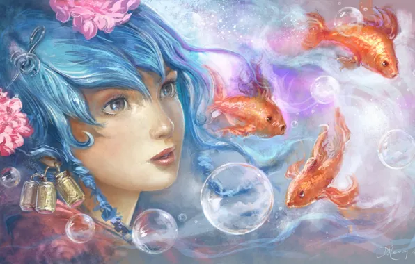 Картинка глаза, взгляд, вода, девушка, рыбки, пузырьки, арт, живопись, голубые волосы