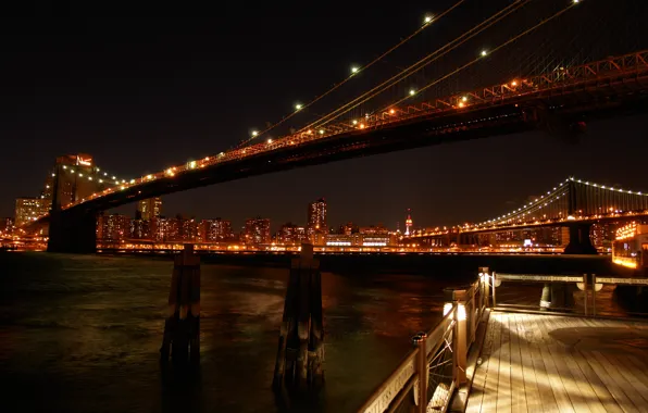 Картинка city, lights, Нью Йорк, bridge, photo, night, New York, view, Bridges