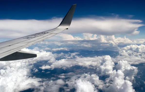 Картинка небо, облака, полет, самолет, крыло, sky, aircraft, flight, clouds, airplane, самолета, wing, wallpaper.