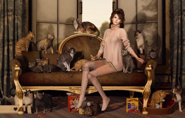 Картинка девушка, кошки, лицо, диван, коты, волосы, ножки, сидит