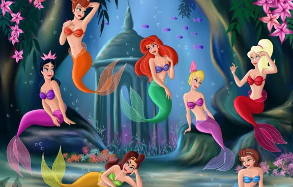 Картинка рыбки, водоросли, цветы, замок, мультфильм, русалка, сказка, кораллы, подводный мир, беседка, underworld, принцесса, sea, Ariel, …