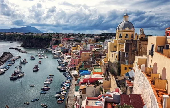 Картинка здания, лодки, порт, Италия, залив, набережная, Italy, гавань, Неаполитанский залив, Gulf of Naples, Procida Island, …