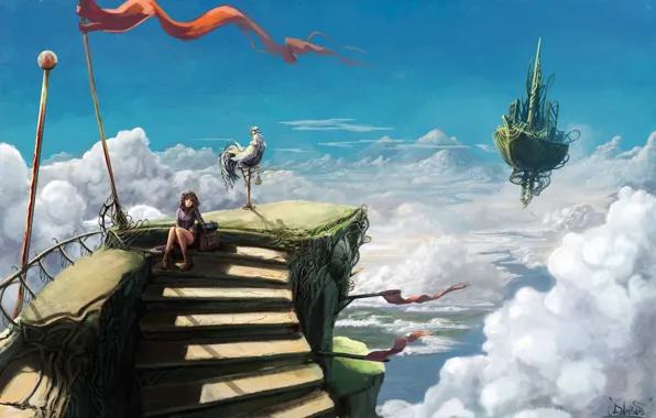 Картинка небо, девушка, облака, птица, корабль, высота, арт, лестница, ступеньки, фантастический мир, летучий, багаж