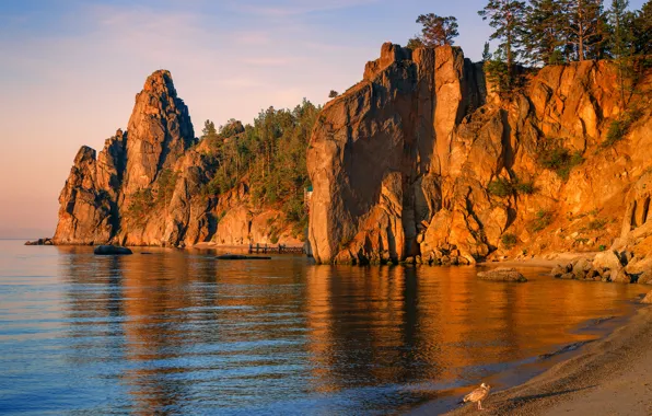 Картинка деревья, закат, озеро, скалы, птица, берег, причал, Байкал, Россия, Baikal