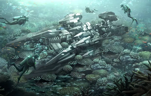 Картинка море, дно, кораллы, аквалангист, пришельцы, риф, космический корабль, дайвер, Alien Ship, коралловые риф