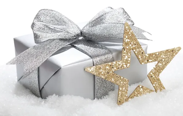 Картинка золото, праздник, коробка, подарок, звезда, серебро, новый год, блестки, упаковка