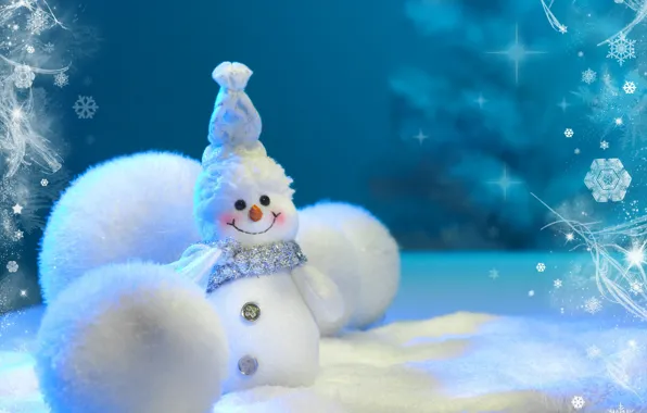 Картинка снег, снежинки, улыбка, праздник, шары, волшебство, снеговик, снежные, Снеговичок