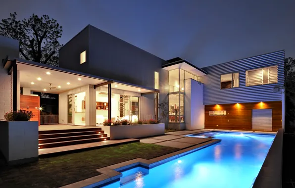 Картинка дом, стиль, house, pool, home, модерн, экстерьер, бассейн., exterior
