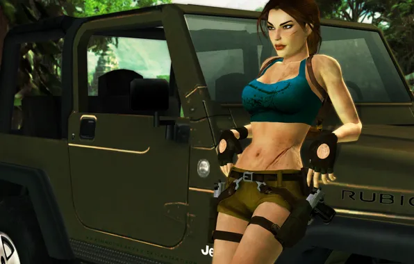 Картинка машина, девушка, деревья, поза, оружие, пистолеты, Tomb Raider, lara croft
