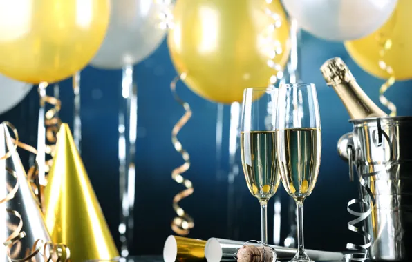 Картинка шары, Новый Год, бокалы, golden, шампанское, серпантин, New Year, celebration, holiday, Happy, champagne