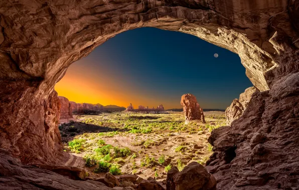 Картинка природа, скалы, Луна, арка, пещера