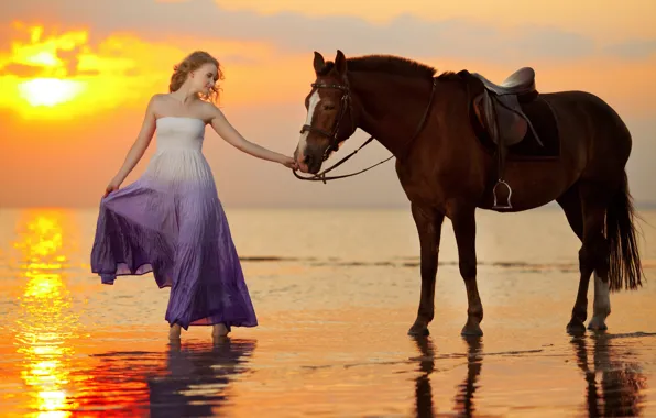 Картинка море, девушка, закат, побережье, лошадь, girl, sea, coast, sunset, horse