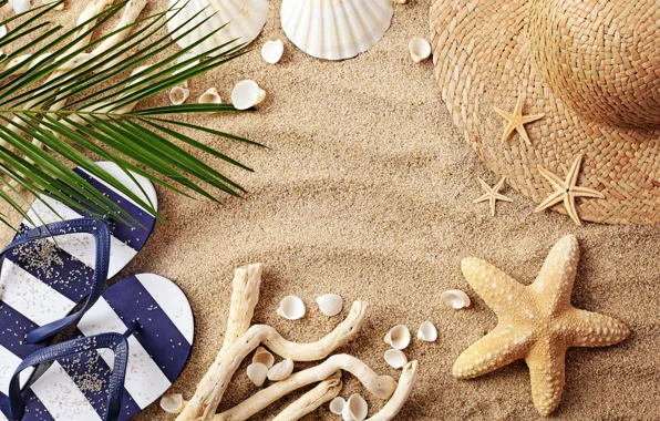 Картинка песок, пляж, лето, шляпа, очки, ракушки, summer, beach, sand, vacation, starfish, accessories, seashells