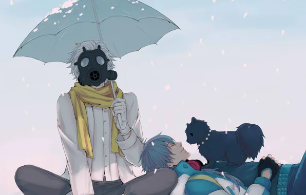 Картинка снег, зонт, шарф, противогаз, парни, песик, Clear, DRAMAtical Murder, Aoba