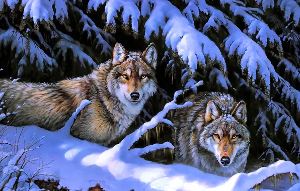 Картинка зима, животные, снег, деревья, природа, волки